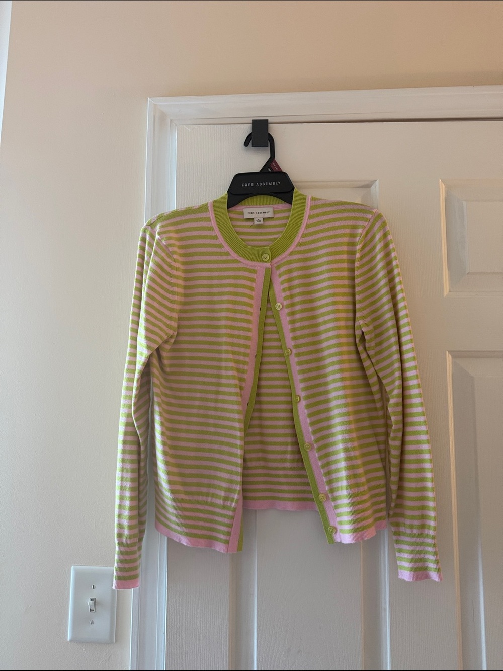 Free Assembly Women’s Striped Crew Cardigan - Pink & Light Green